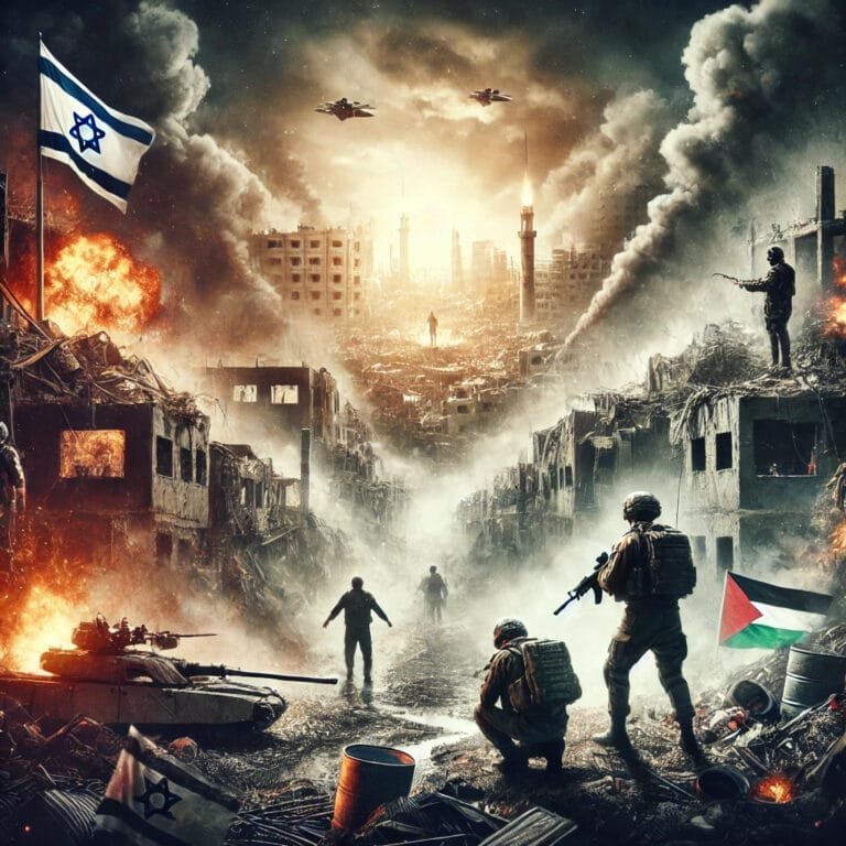 The image depicts a war-torn city with destruction, smoke, and fire. It features soldiers, tanks, and armed fighters amid the ruins of buildings. The Israeli flag is seen on the left side, while the Palestinian flag is visible on the right. Military aircraft are flying overhead, and there is a central figure standing in the distance amidst the devastation. The image conveys a sense of intense conflict and destruction.
