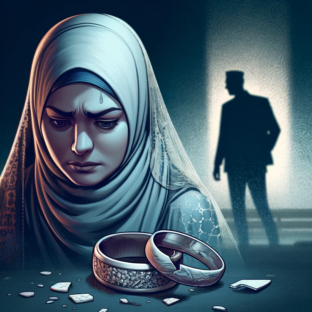"Illustration depicting the impact of Triple Talaq, featuring a sorrowful Muslim woman in a hijab with a broken wedding ring and a man walking away, symbolizing instant divorce."