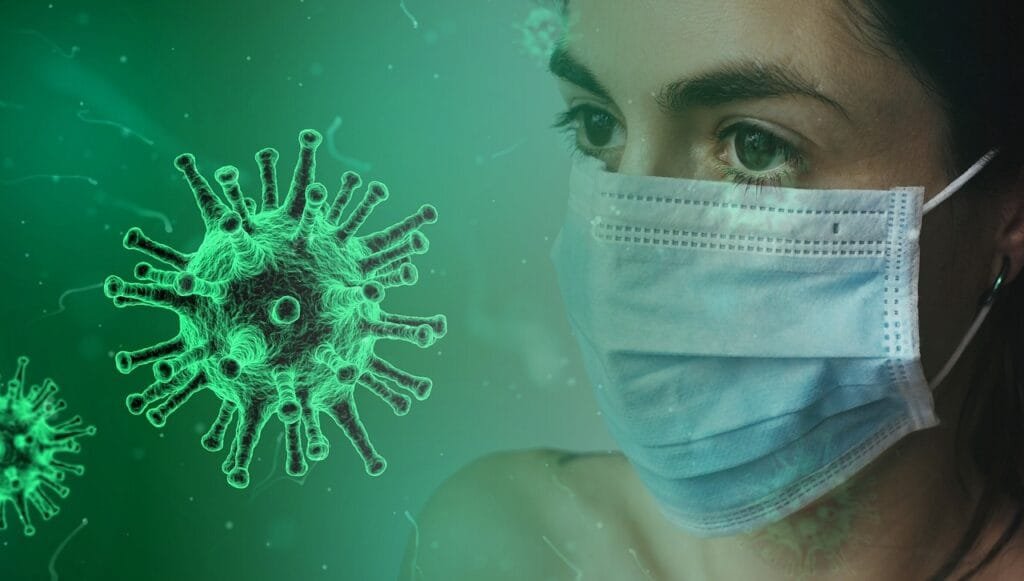 Illustration of a virus with a woman wearing a face mask, symbolizing respiratory infections like HMPV.