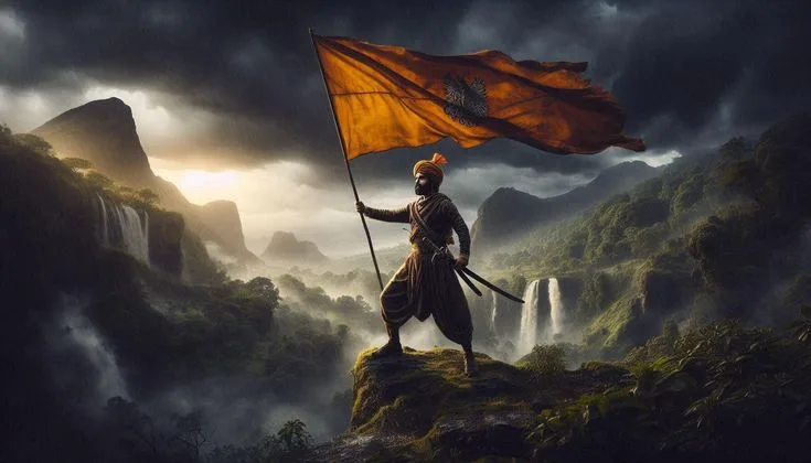 The image depicts a warrior standing on a mountain peak, holding a saffron flag with an emblem, likely symbolizing the Maratha Empire.