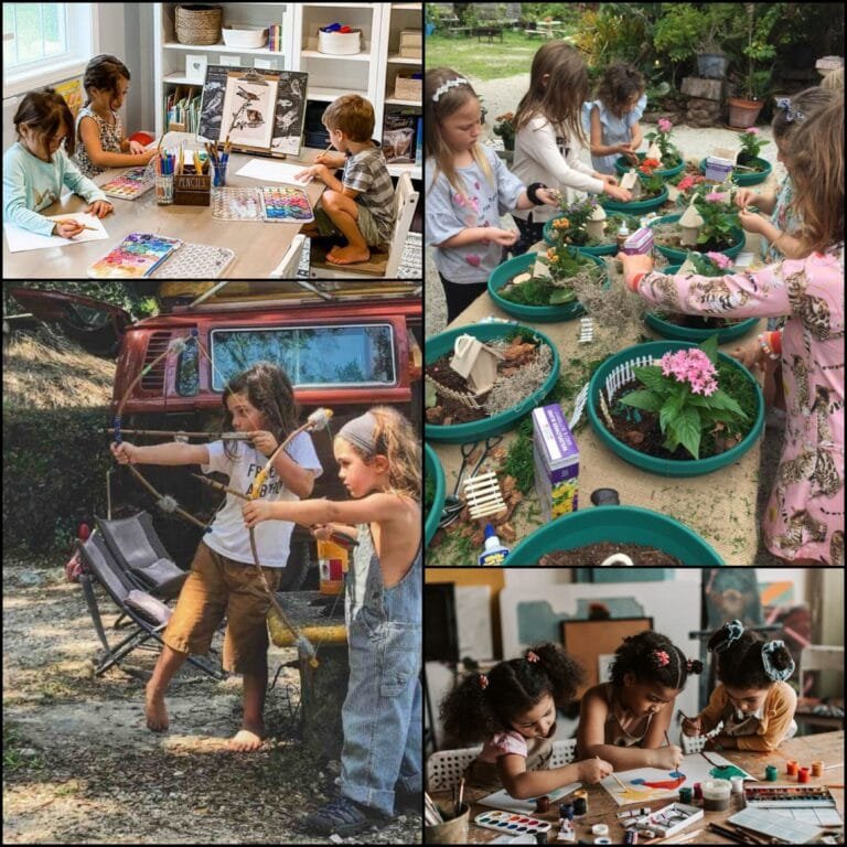 A collage of children engaging in various homeschooling activities, including painting, gardening, crafting, and outdoor archery, showcasing creative and hands-on learning experiences.