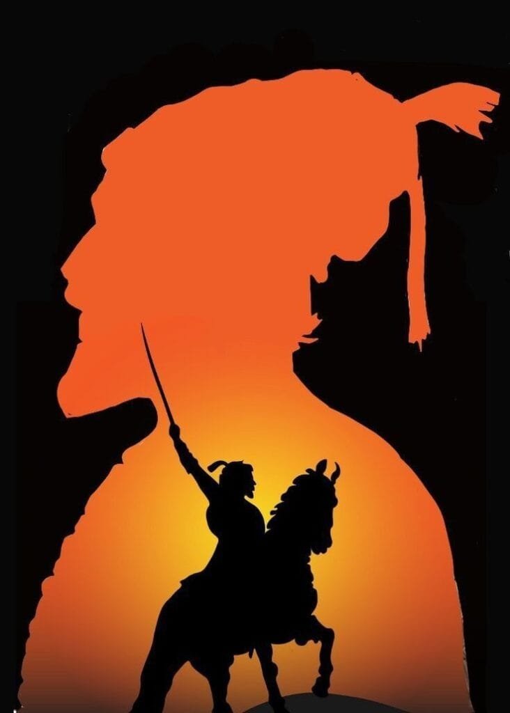 "Silhouette artwork of Sambhaji Maharaj on horseback with the iconic profile of Chhatrapati Shivaji Maharaj in the background, symbolizing Maratha valor and legacy."