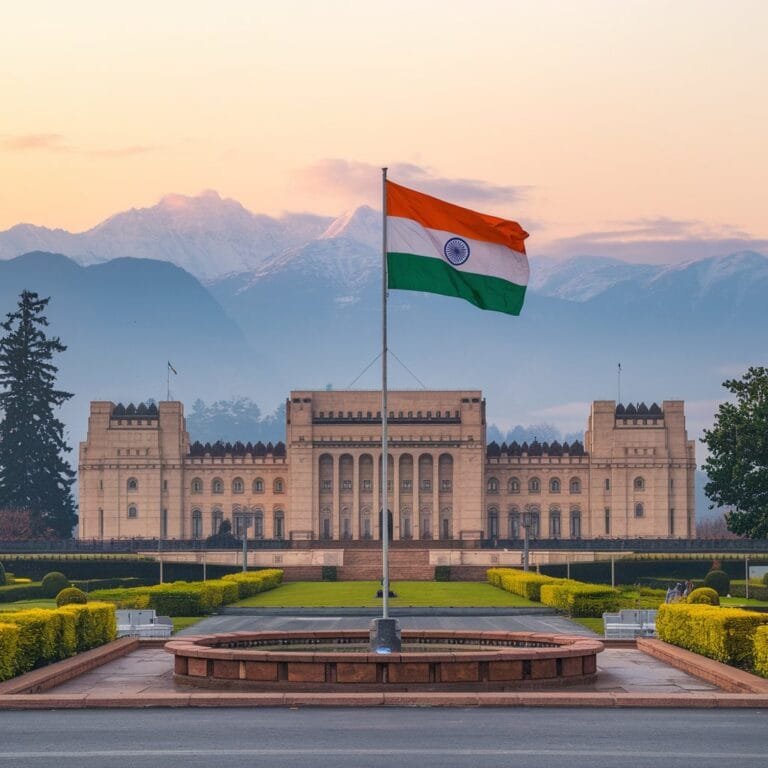 "A symbolic representation of Article 370 abrogation featuring the Indian flag waving in front of a grand historic building, with the Himalayas in the background."