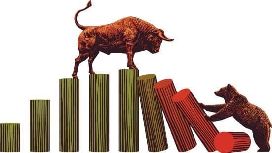 Stock market volatility illustration – a bull standing on unstable bars, symbolizing market fluctuations and risks.