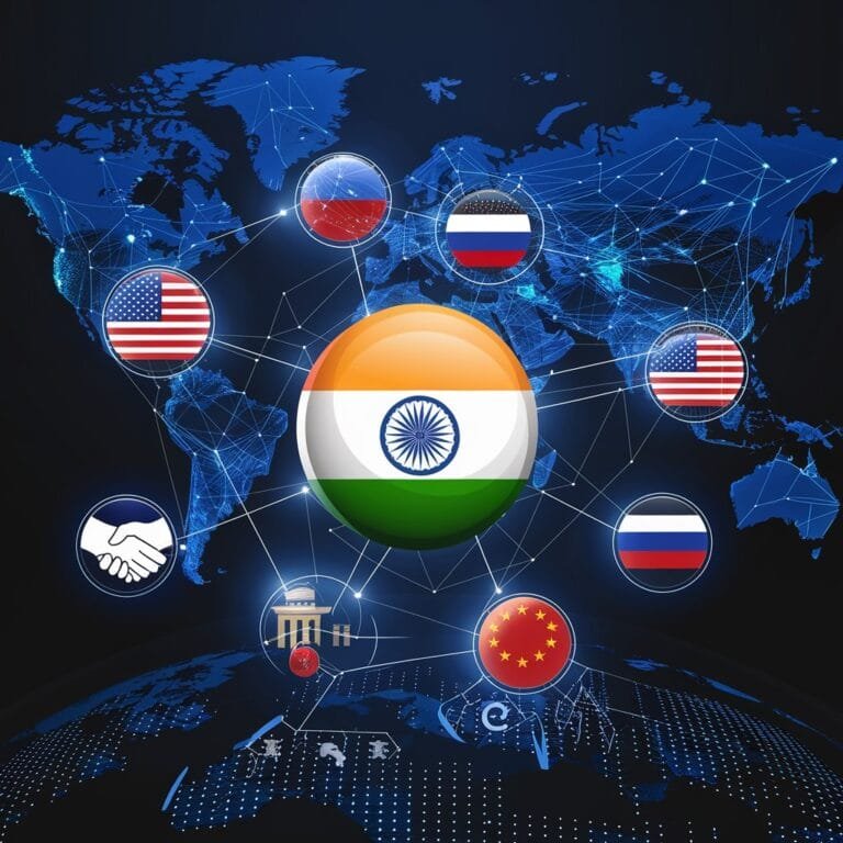 Multipolar approach of India depicted through a digital world map with interconnected nodes. The Indian flag is at the center, linked to other major global powers such as the USA, Russia, and China, symbolizing strategic alliances and geopolitical influences. Icons representing diplomacy, economy, and global cooperation are also integrated into the network visualization.