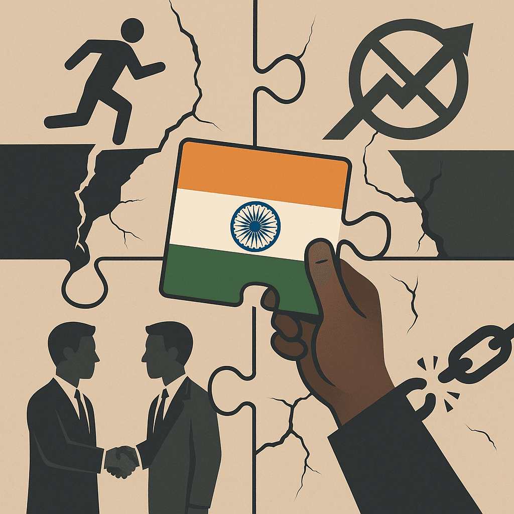 Illustration showing key challenges India faces in managing strategic alliances, symbolized by fragmented puzzle pieces and strategic icons around an Indian flag piece