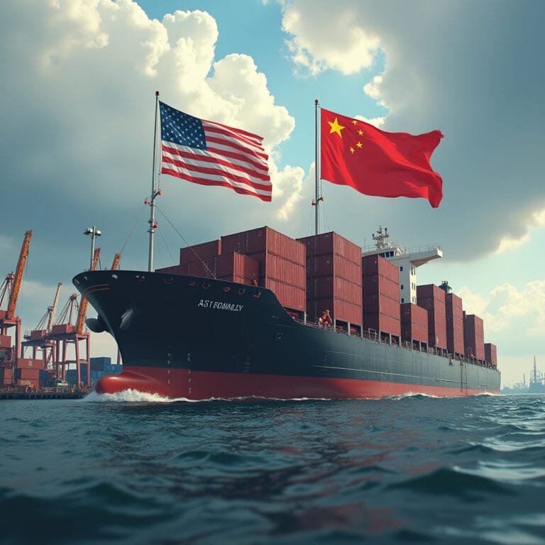 A clear picture of a Ship of US on a Chinese Port depicting some kind of Import or Export which ultimately Emphasizes US and China Relations