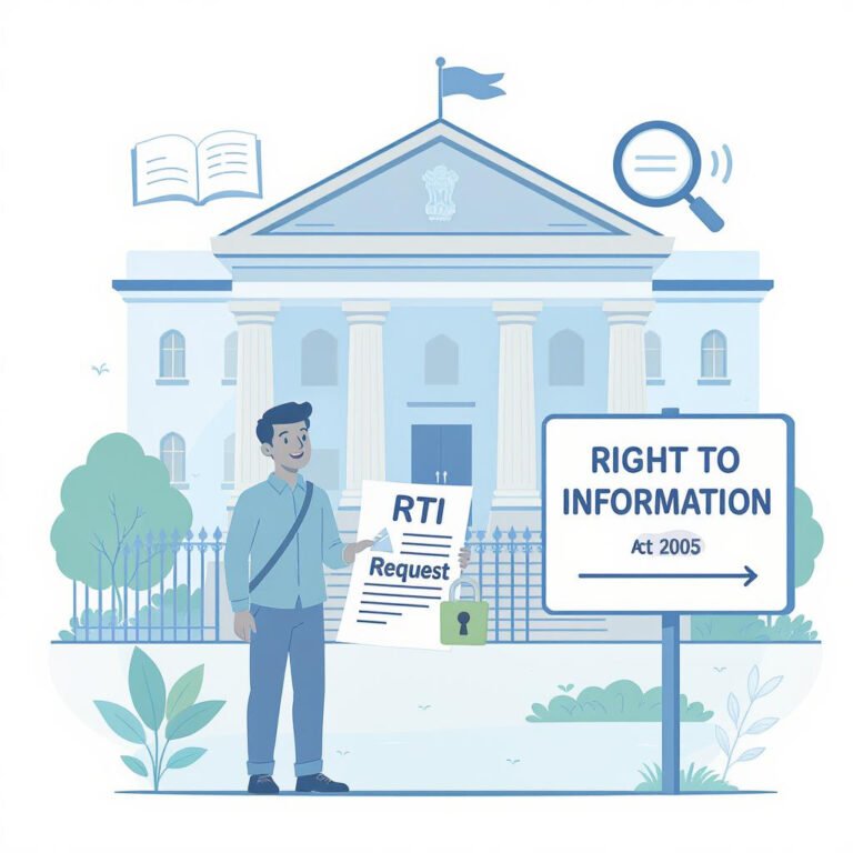 Illustration of a citizen filing an RTI request under the Right to Information Act 2005, symbolizing transparency, accountability, and access to government information.
