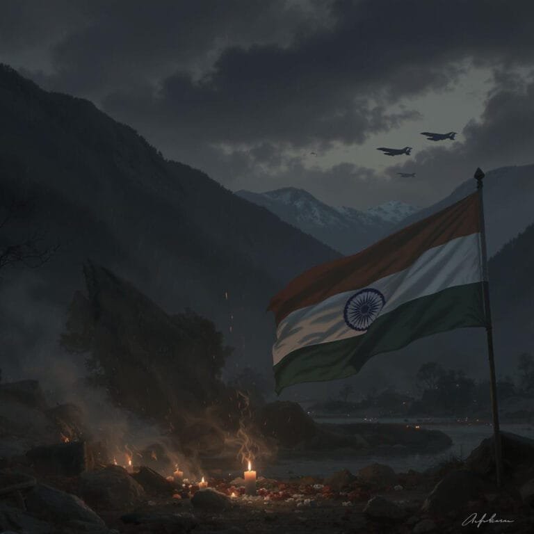 Tribute scene after the Pahalgam attack with Indian flag, candles, and fighter jets symbolizing Operation SINDOOR.