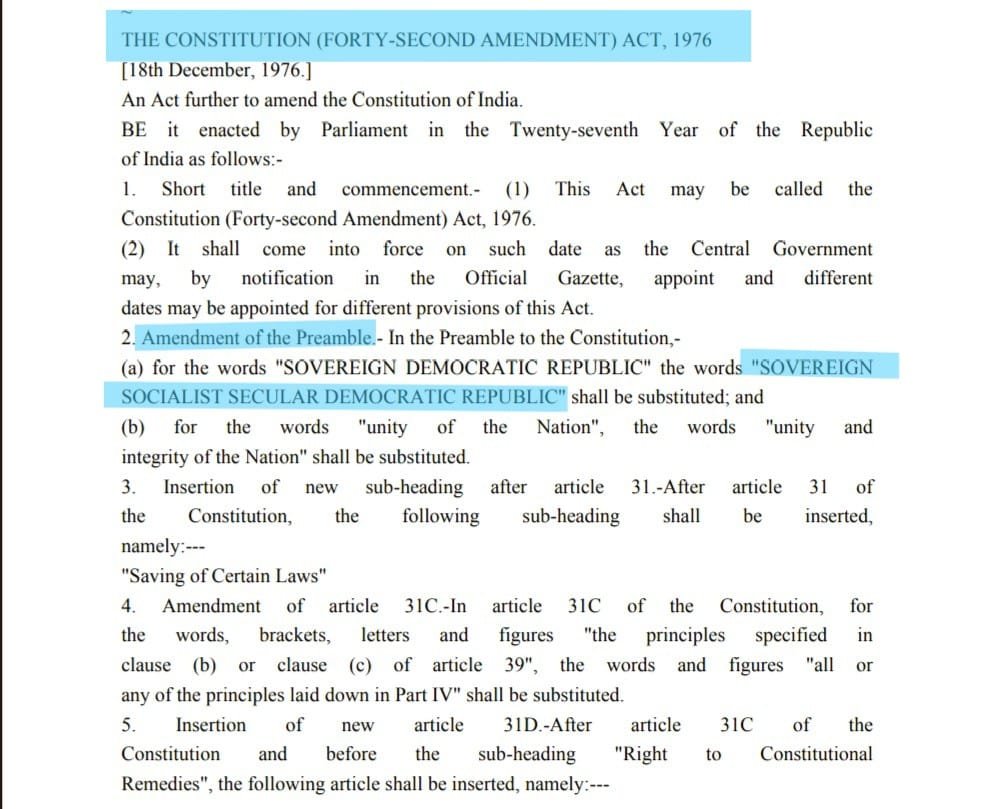 Screenshot of the Constitution (Forty-Second Amendment) Act, 1976, highlighting the amendment to the Preamble of India by adding the words ‘Socialist’ and ‘Secular’ to form ‘Sovereign Socialist Secular Democratic Republic’ during the Emergency period.