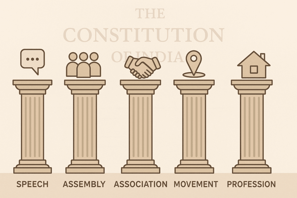 The overall image visually represents the five freedoms guaranteed by Article 19 of the Indian Constitution, depicted as foundational pillars