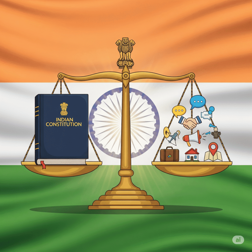 Article 19: Digital illustration of a balanced scale of justice, with the 'Indian Constitution' book on one side and icons representing fundamental freedoms (speech bubbles, handshake, megaphone, suitcase, house, map pin) on the other. The scale is set against the Indian tricolor flag, with subtle sunlight from behind the Constitution.