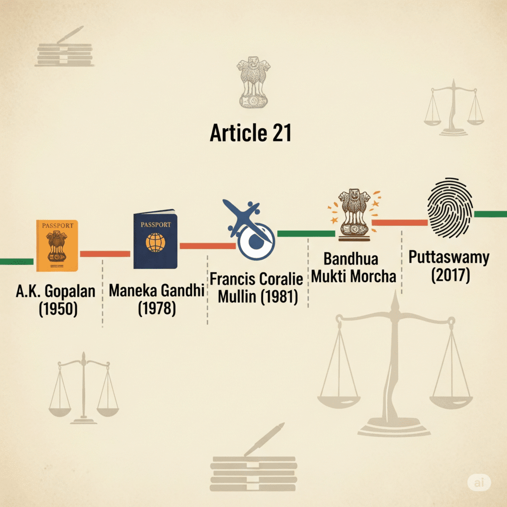 "Timeline infographic of landmark Supreme Court cases expanding Article 21 of the Indian Constitution: A.K. Gopalan (1950), Maneka Gandhi (1978), Francis Coralie Mullin (1981), Bandhua Mukti Morcha, and Puttaswamy (2017), symbolizing evolving interpretations of the Right to Life and Personal Liberty."