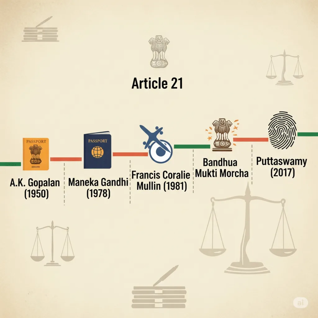 "Timeline infographic of landmark Supreme Court cases expanding Article 21 of the Indian Constitution: A.K. Gopalan (1950), Maneka Gandhi (1978), Francis Coralie Mullin (1981), Bandhua Mukti Morcha, and Puttaswamy (2017), symbolizing evolving interpretations of the Right to Life and Personal Liberty."