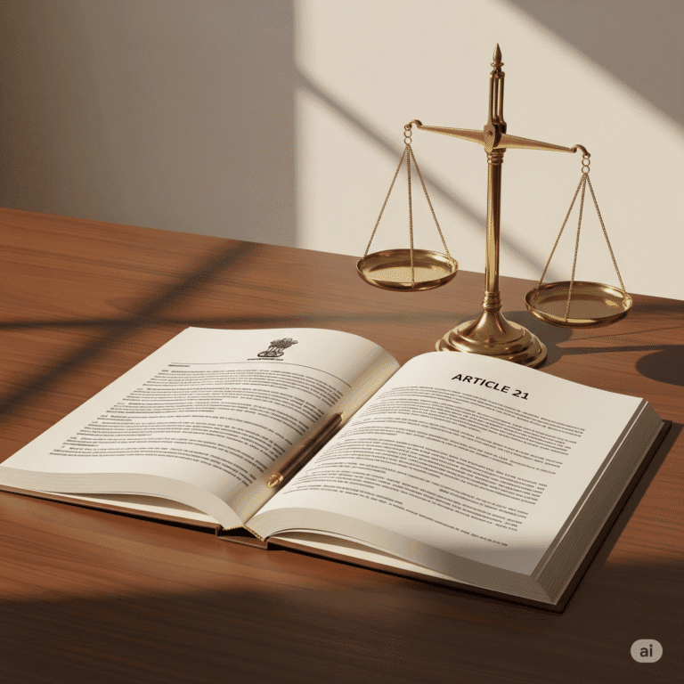 "An open book displaying Article 21 of the Indian Constitution placed on a wooden table, with a golden balance scale of justice beside it, symbolizing law and fundamental rights. Sunlight casts soft shadows, creating a warm and authoritative ambiance."