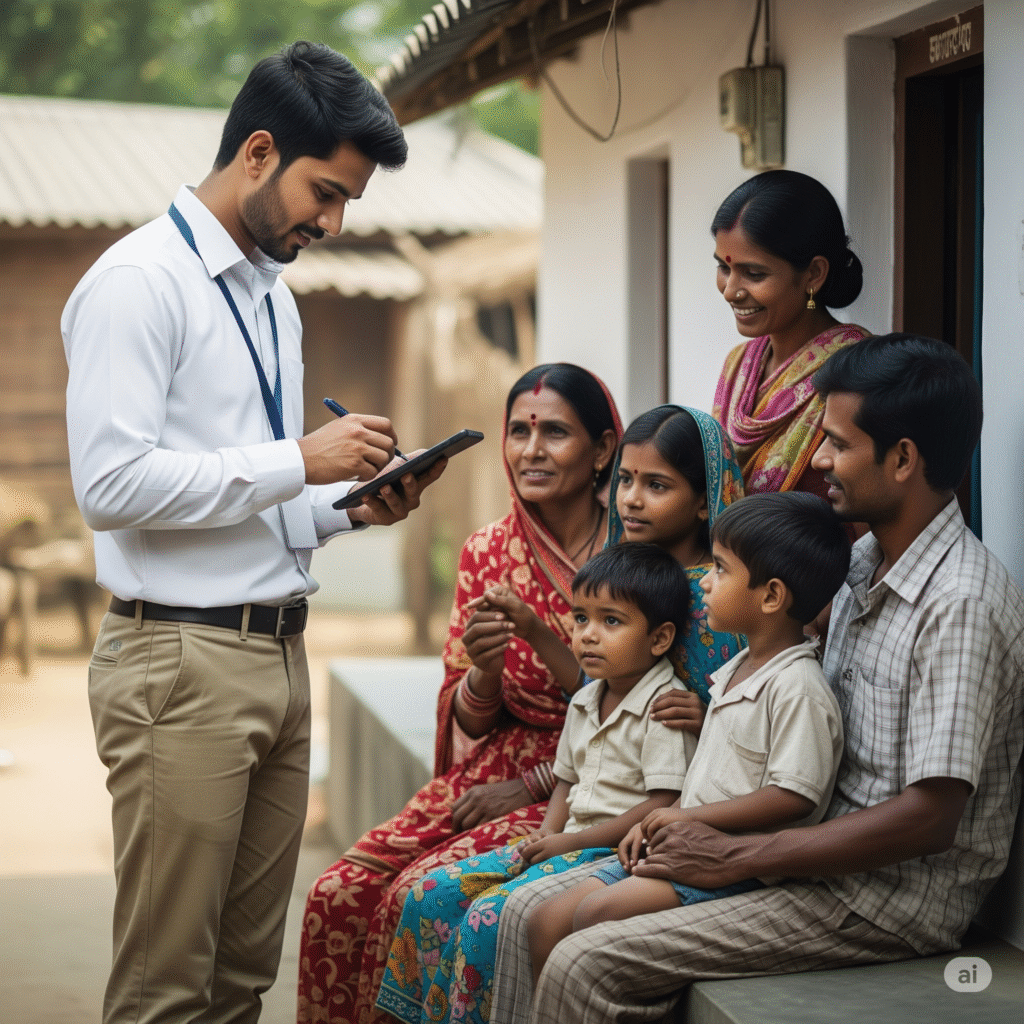 A realistic and clean graphic depicts a male government census worker in India using a tablet to collect data from a cooperative rural family seated outside a small house for Census 2027. The device is clearly visible, and the scene is illuminated with soft lighting in a simple setting, focusing on the educational aspect of data collection.