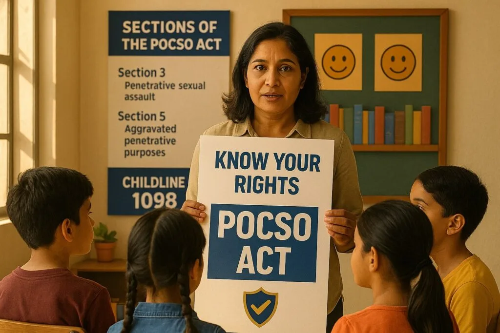 A photo-realistic classroom scene where a female educator holds a poster saying “Know Your Rights – POCSO Act.” Four children listen attentively. Behind her, wall posters list key POCSO sections (3 and 5), Childline helpline 1098, and smiling face graphics symbolizing a safe and positive learning environment.