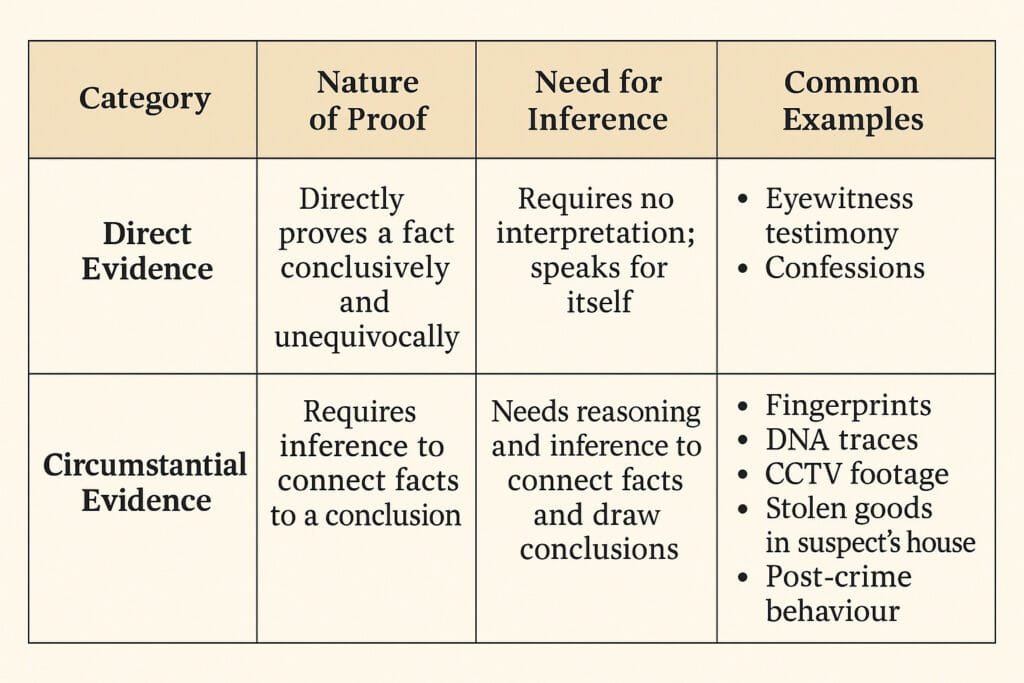 A table comparing Direct Evidence and Circumstantial Evidence, detailing the nature of proof, the need for inference, and common examples for each category.