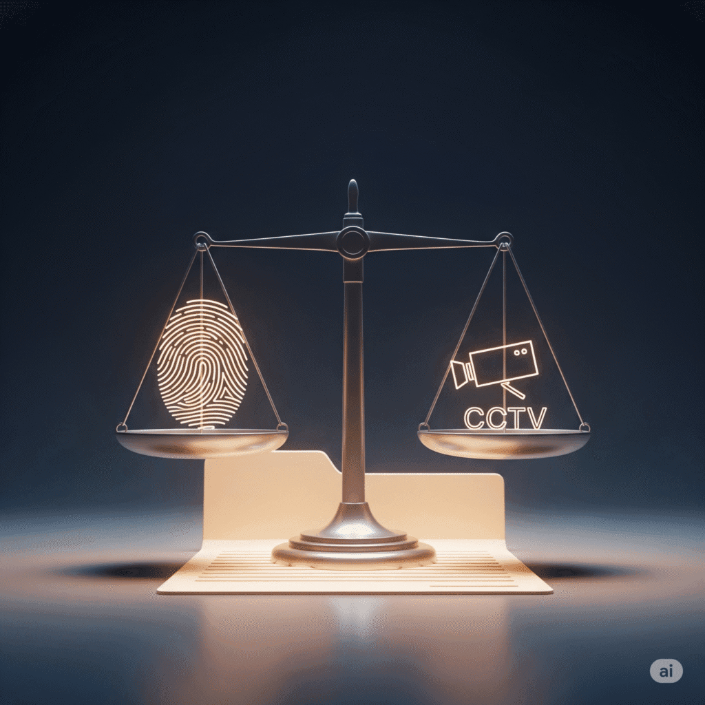 Illustration of a balanced justice scale with a fingerprint icon on one side and a CCTV camera icon on the other, symbolizing circumstantial evidence in criminal trials. A glowing case file sits beneath the scale on a dark gradient background, representing digital and forensic proof in modern Indian law.