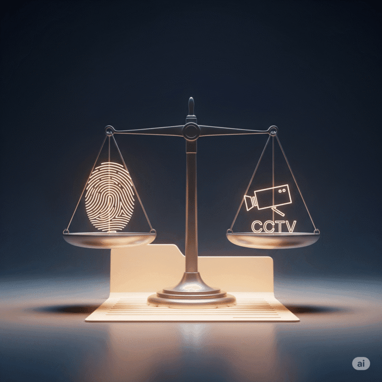 Illustration of a balanced justice scale with a fingerprint icon on one side and a CCTV camera icon on the other, symbolizing Circumstantial Evidence in criminal trials. A glowing case file sits beneath the scale on a dark gradient background, representing digital and forensic proof in modern Indian law.