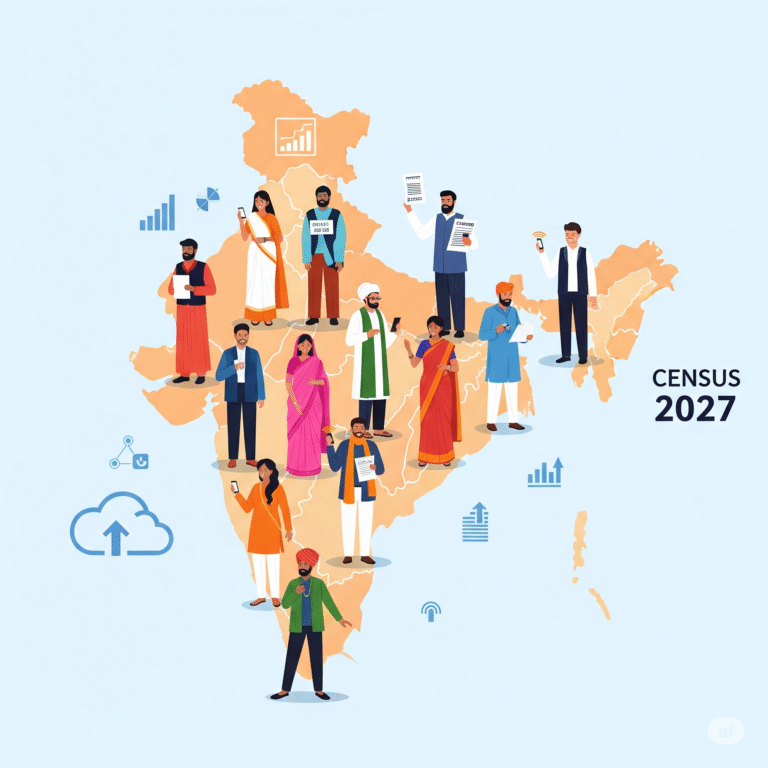 An illustrated map of India in a soft color palette shows diverse people from different regions and communities standing on it. They are holding smartphones or census papers, and digital elements like data icons and cloud upload symbols are visible around them. The text "CENSUS 2027" is subtly placed in the corner, all rendered in a modern flat design.