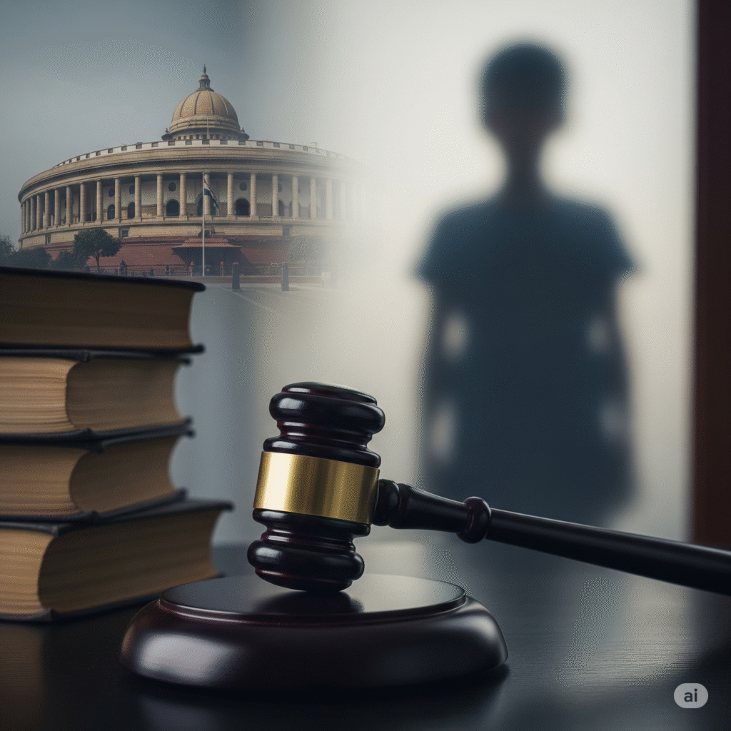 A symbolic photo showing the Indian Parliament building in the background, with a judge’s gavel and law books in the foreground. A blurred silhouette of a child stands in the background, representing child protection under the POCSO Act (Protection of Children from Sexual Offences Act).