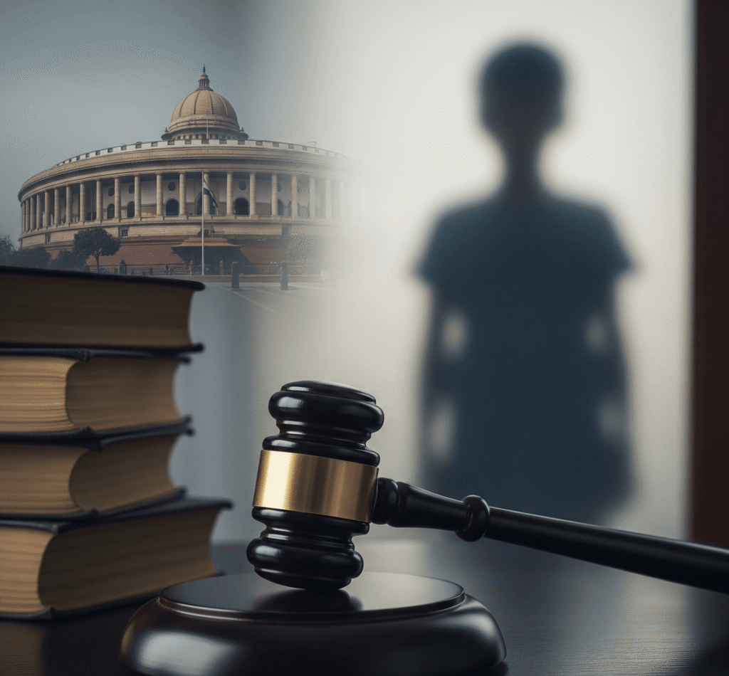 A symbolic photo showing the Indian Parliament building in the background, with a judge’s gavel and law books in the foreground. A blurred silhouette of a child stands in the background, representing child protection under the POCSO Act (Protection of Children from Sexual Offences Act).