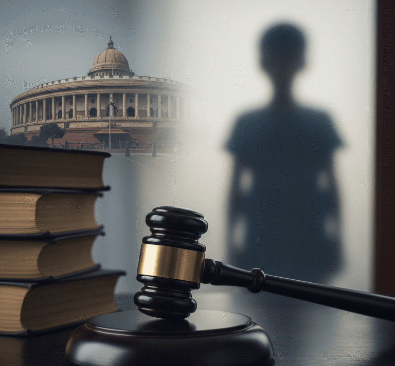 A symbolic photo showing the Indian Parliament building in the background, with a judge’s gavel and law books in the foreground. A blurred silhouette of a child stands in the background, representing child protection under the POCSO Act (Protection of Children from Sexual Offences Act).