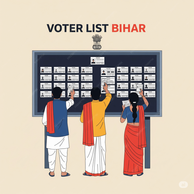 "Illustration of Indian citizens checking their names on the Bihar voter list displayed on a public board, under the emblem of India. Depicts traditional attire and voter ID cards, representing voter awareness and election process in Bihar."