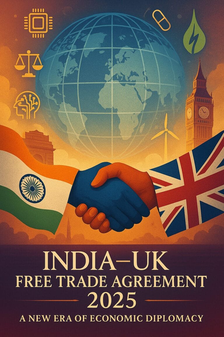 Illustration of India–UK Free Trade Agreement featuring handshake, global trade symbols, and national landmarks.