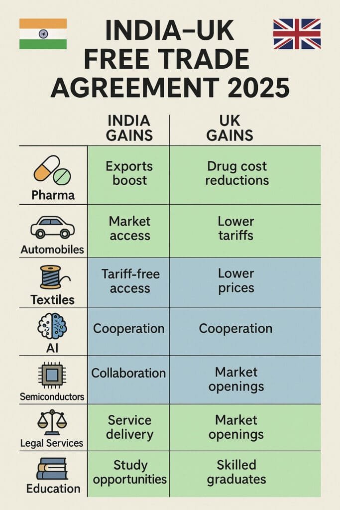 Comparison chart of India–UK Free Trade Agreement showing key sectoral gains for both countries.