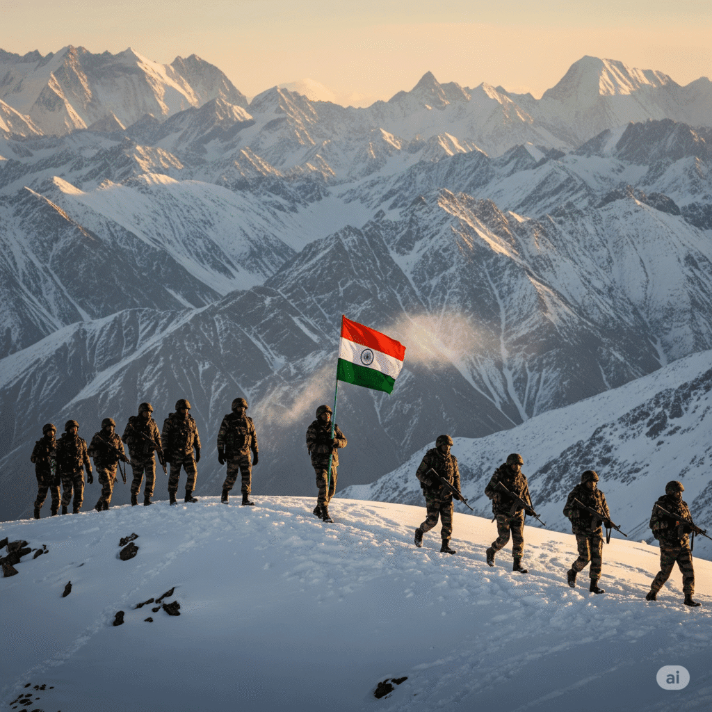 "Indian soldiers march atop a snow-covered ridge in the Himalayas during the Kargil War, with one soldier holding the national flag against the backdrop of majestic mountains."