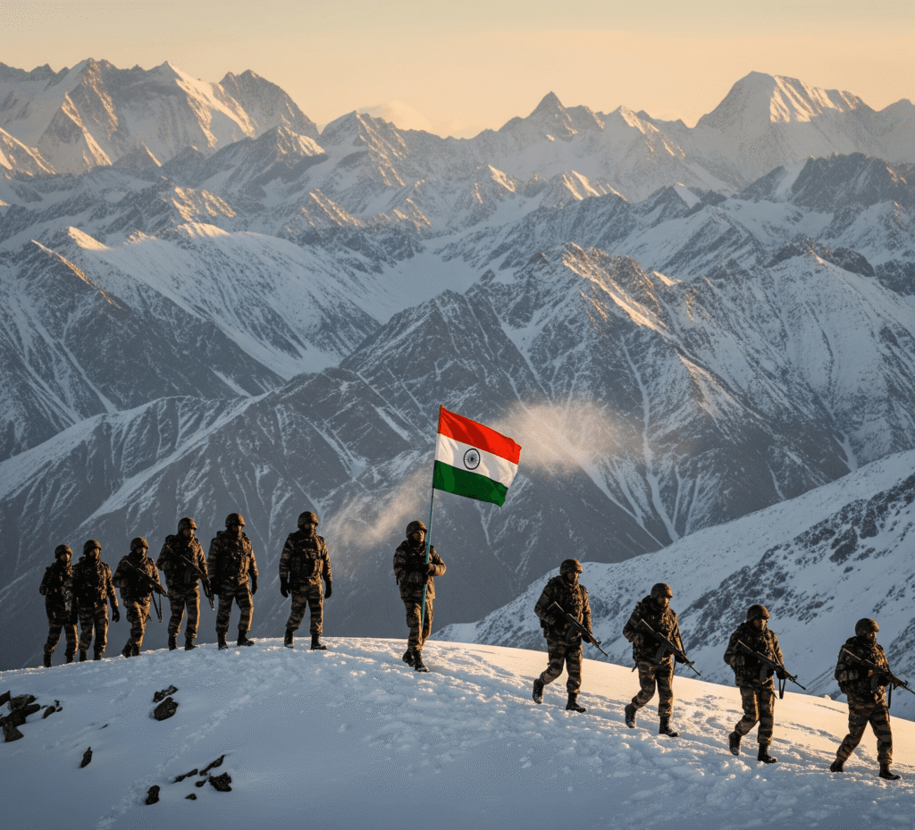 "Indian soldiers march atop a snow-covered ridge in the Himalayas during the Kargil War, with one soldier holding the national flag against the backdrop of majestic mountains."