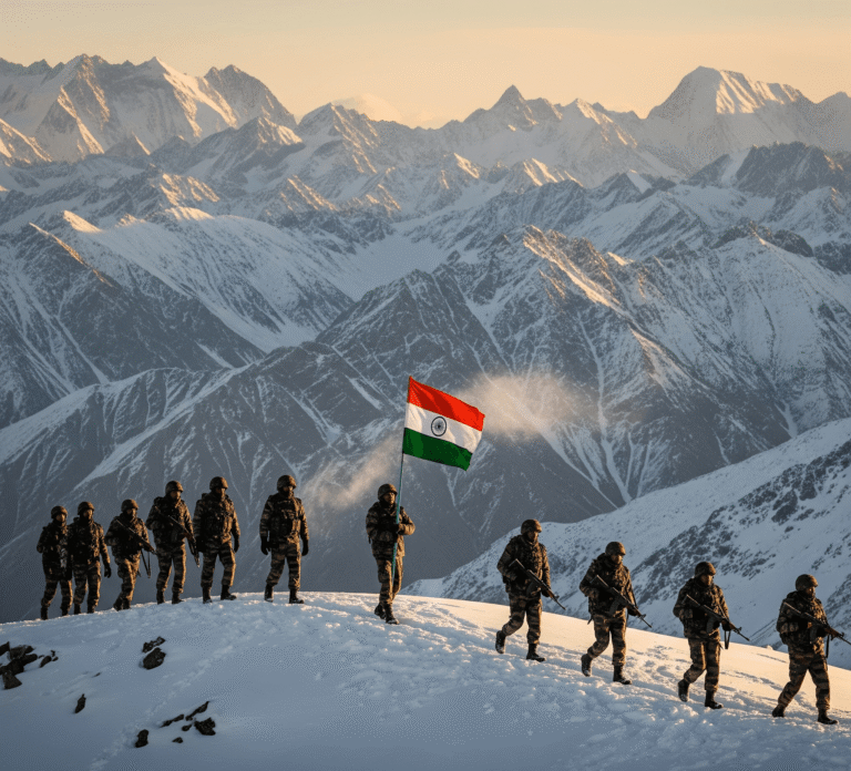 "Indian soldiers march atop a snow-covered ridge in the Himalayas during the Kargil War, with one soldier holding the national flag against the backdrop of majestic mountains."