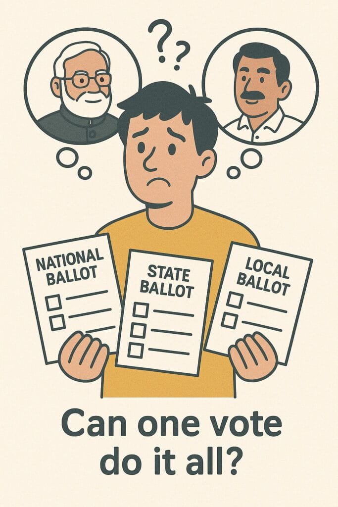 Illustration showing a confused voter holding national, state, and local ballots, questioning if one vote can serve all—highlighting the dilemma of One Nation One Election.