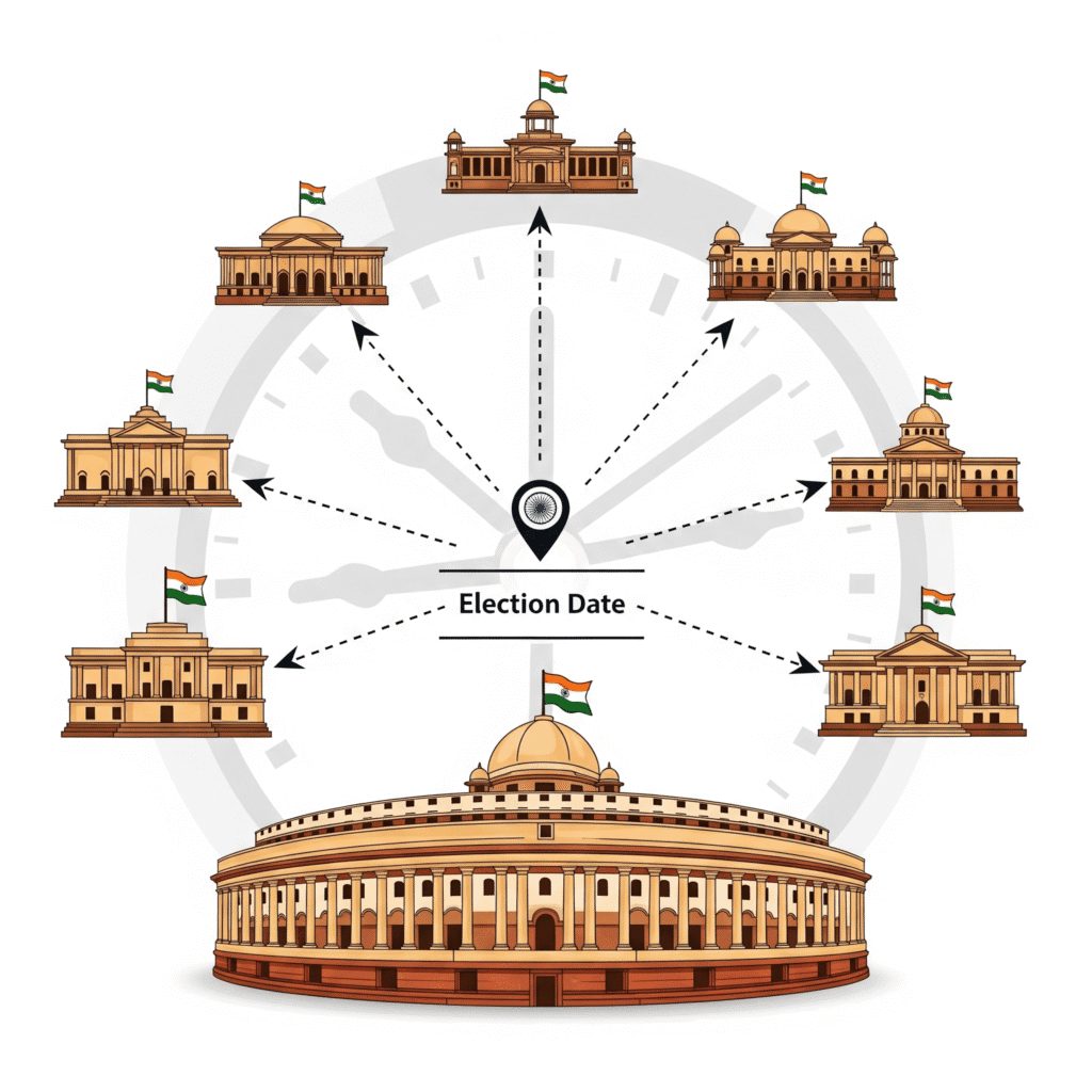 Visual representation of One Nation One Election showing all state assemblies and Parliament aligned to a single election date on a clock face, symbolizing synchronized elections.