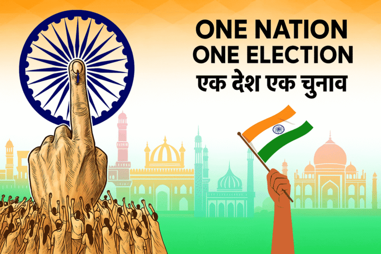 Illustration promoting "One Nation One Election" with an inked voting finger, Ashoka Chakra, Indian flag, and iconic monuments in the background.