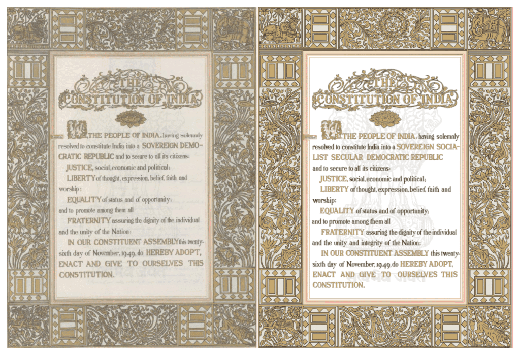 Side-by-side comparison of the original 1950 Preamble and the amended 1976 Preamble of the Constitution of India, highlighting the addition of the words ‘Socialist’ and ‘Secular’ through the 42nd Constitutional Amendment.