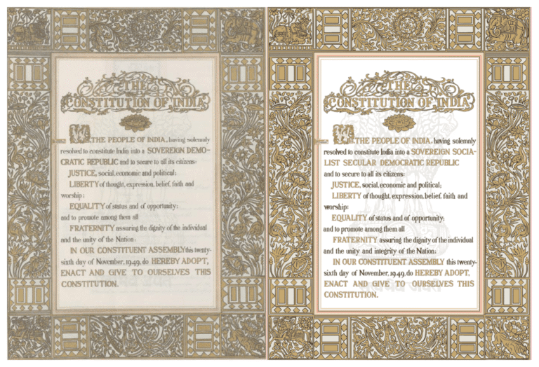 Side-by-side comparison of the original 1950 Preamble and the amended 1976 Preamble of the Constitution of India, highlighting the addition of the words ‘Socialist’ and ‘Secular’ through the 42nd Constitutional Amendment.