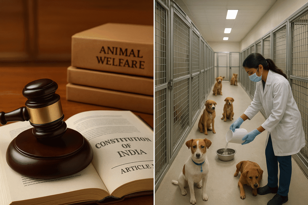 Stray dogs, Delhi: A composite image showing two scenes. On the left, a judge's gavel rests on a book titled "CONSTITUTION OF INDIA," with stacked boxes labeled "ANIMAL WELFARE" in the background. On the right, a person wearing a lab coat and a face mask is pouring water into a bowl for a group of dogs in clean, individual kennels.