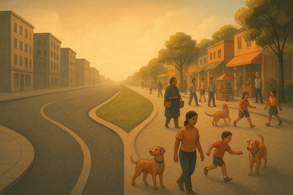 Stray dogs, Delhi: An illustration showing a wide, curving road on the left, leading to an empty city street. On the right, a lively neighborhood street is bustling with people, children, and dogs with collars. The scene is bathed in a warm, golden-hour light.