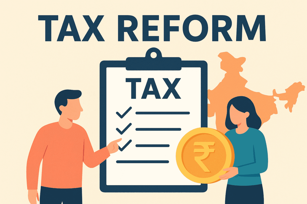 Illustration of a man and woman standing beside a large tax checklist and a golden rupee coin, with the text “Tax Reform” above and a map of India in the background emphasizing New Income Tax Bill 2025 