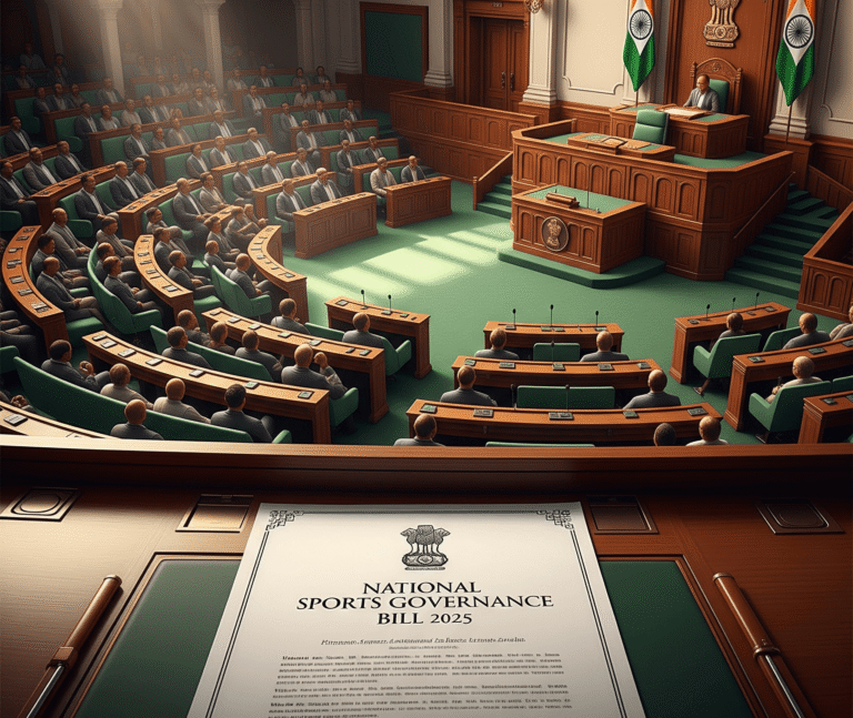 Parliament session on National Sports Governance Bill 2025 with a document on the bill in focus.