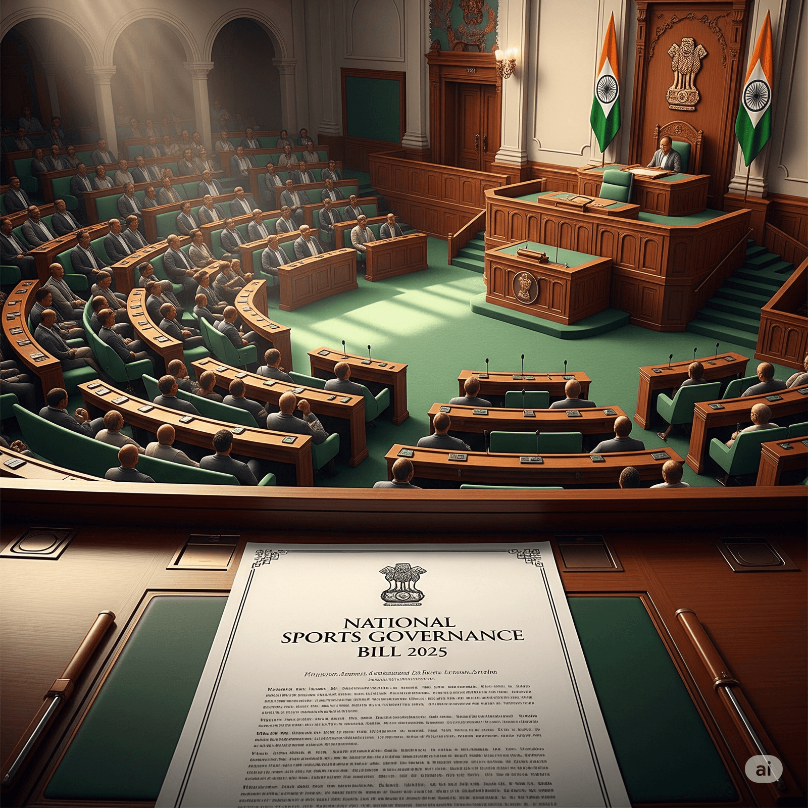 Parliament session on National Sports Governance Bill 2025 with a document on the bill in focus.