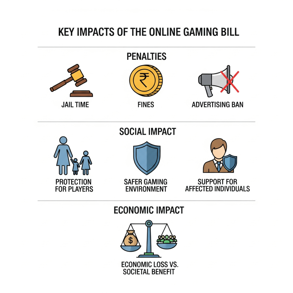 An infographic titled 'Key Impacts of the Online Gaming Bill 2025.' It is divided into three sections: 'Penalties' with icons for jail time, fines, and an ad ban; 'Social Impact' with icons for family protection and a safer gaming environment; and 'Economic Impact' with a balance scale showing economic loss versus societal benefit.