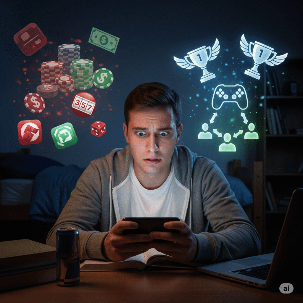 
For the image showing a worried young man on his phone with conflicting icons:
Online Gaming Bill 2025 visual summary. A young man sits in a dimly lit room, staring anxiously at his phone. On his left, ghostly icons of gambling chips and money symbols float in the air. On his right, bright icons of e-sports trophies and a gaming controller glow, representing the duality of online gaming.