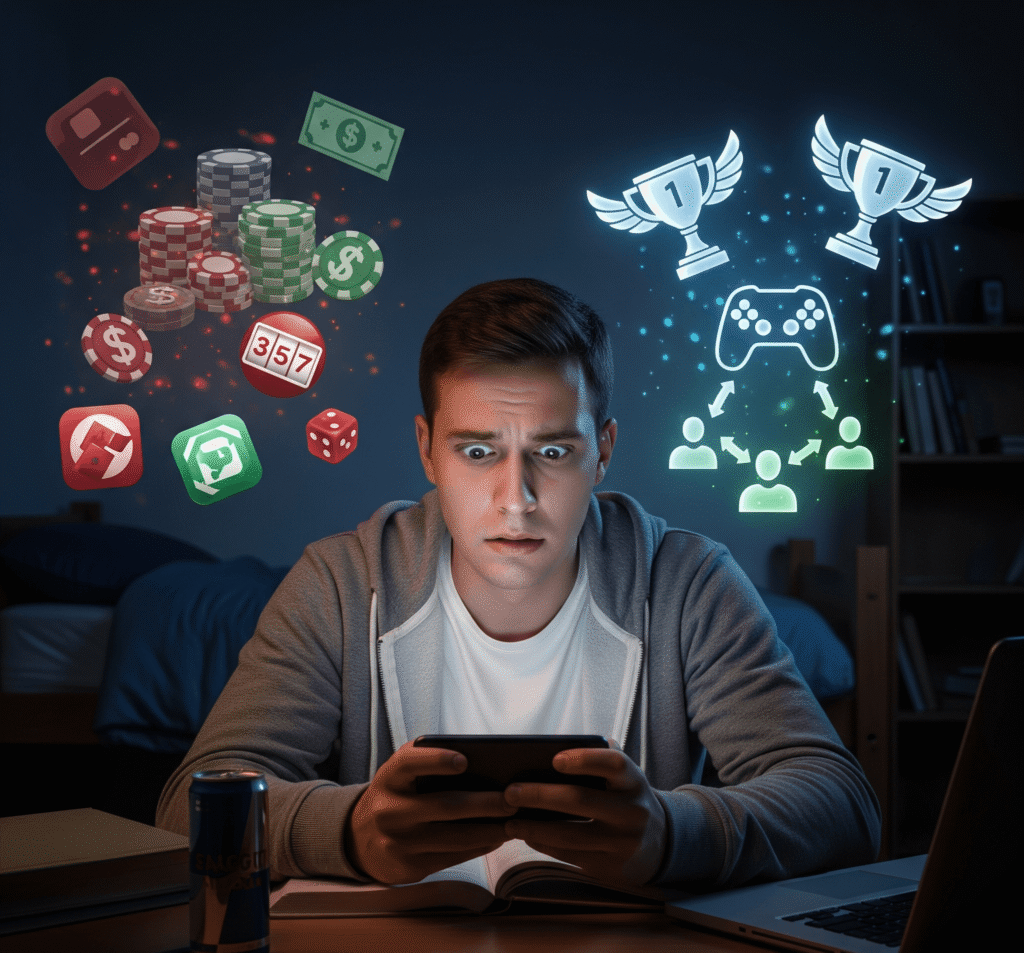 Online Gaming Bill 2025 visual summary. A young man sits in a dimly lit room, staring anxiously at his phone. On his left, ghostly icons of gambling chips and money symbols float in the air. On his right, bright icons of e-sports trophies and a gaming controller glow, representing the duality of online gaming.