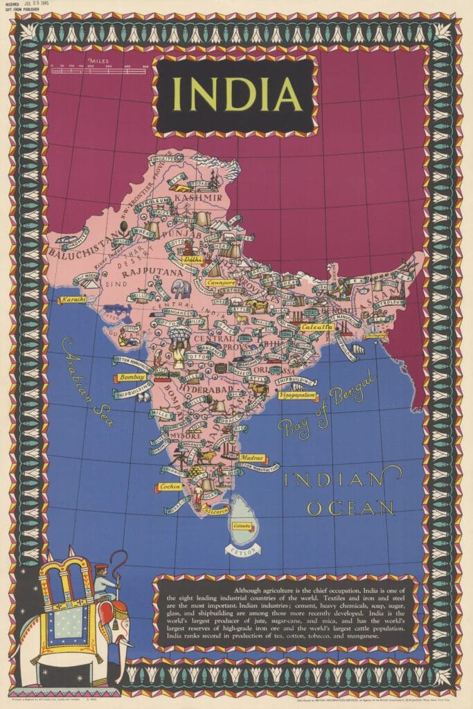 A 1945 illustrated map of pre-independence India, showcasing its rich resources and colonial geography before India gained independence.