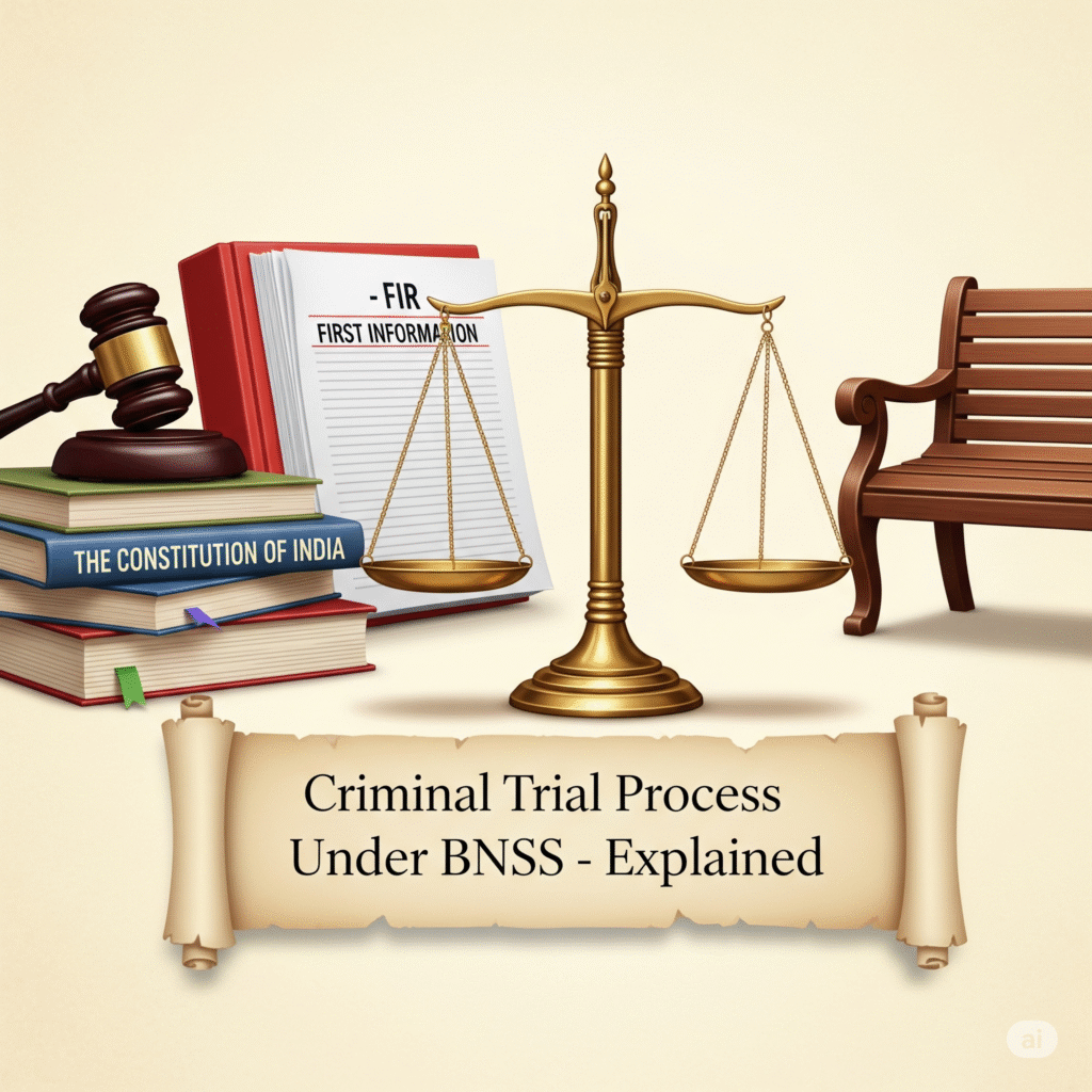 A Intro picture depicting Stages of Criminal Trial under BNSS 2023 with various law related infographics in it 