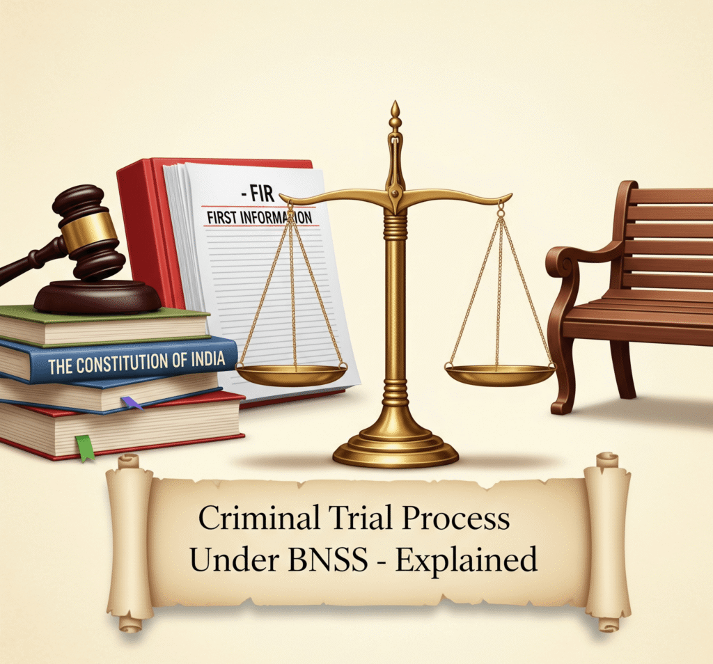 A Intro picture depicting Stages of Criminal Trial under BNSS 2023 with various law related infographics in it